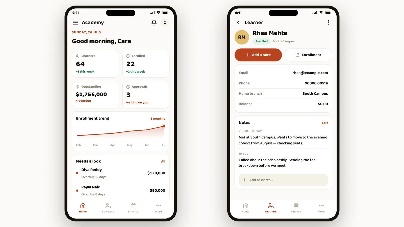 Weaver mobile app — home dashboard and a learner record