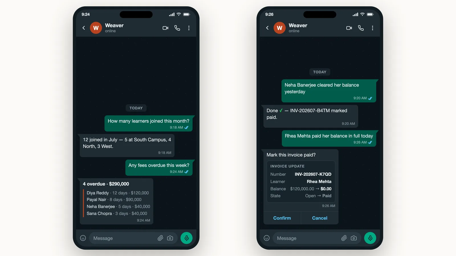 Weaver on WhatsApp — asking questions and marking an invoice paid