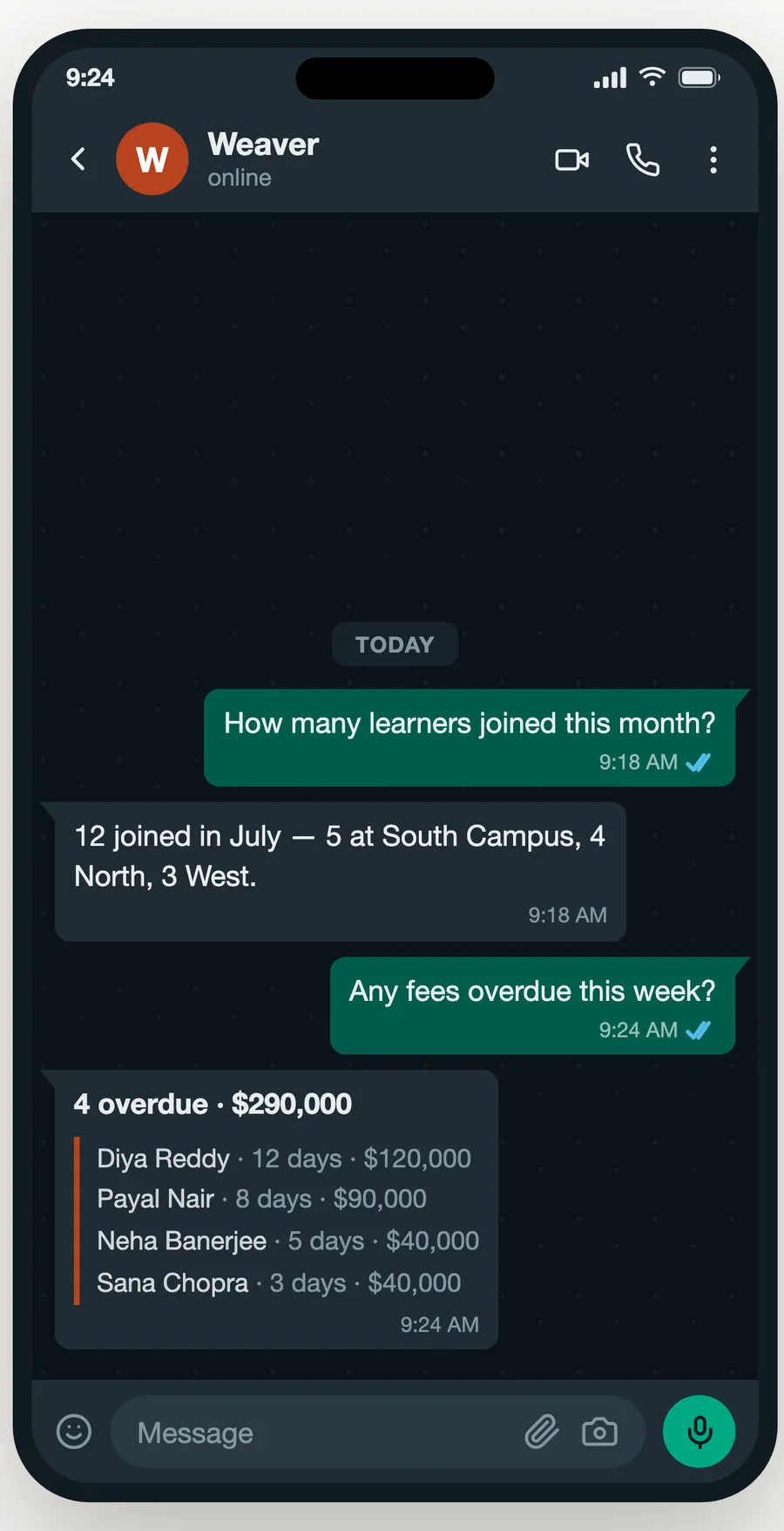 Weaver on WhatsApp — ask a question, get the answer from your CRM